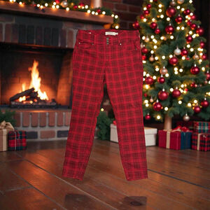 Torrid Premium Jegging Jeans Womens 14R Red Plaid Holiday 3-Buttons Zip Stretch